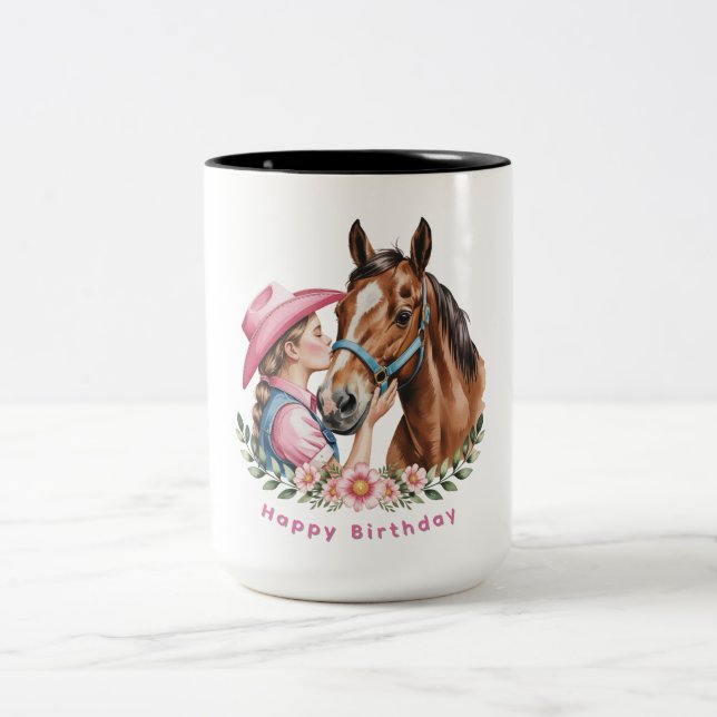 Caneca De Café Em Dois Tons Pink Cowgirl Kissing a Horse Birthday Party (Centro)