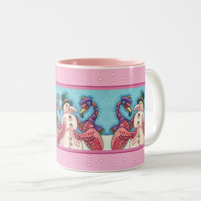 CANECA DE CAFÉ EM DOIS TONS PINK FLAMINGOS FAZEM NEVE, AVES DE NATAL ENGRAÇADO (Frente Esquerda)