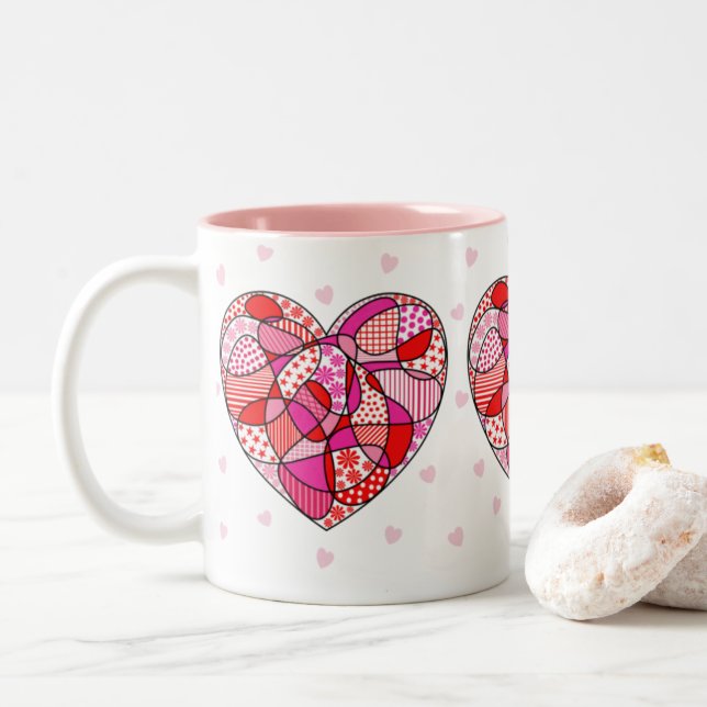 Caneca De Café Em Dois Tons Pink/Red/White Triple Doodle Pattern Heart Mug (Com Donut)