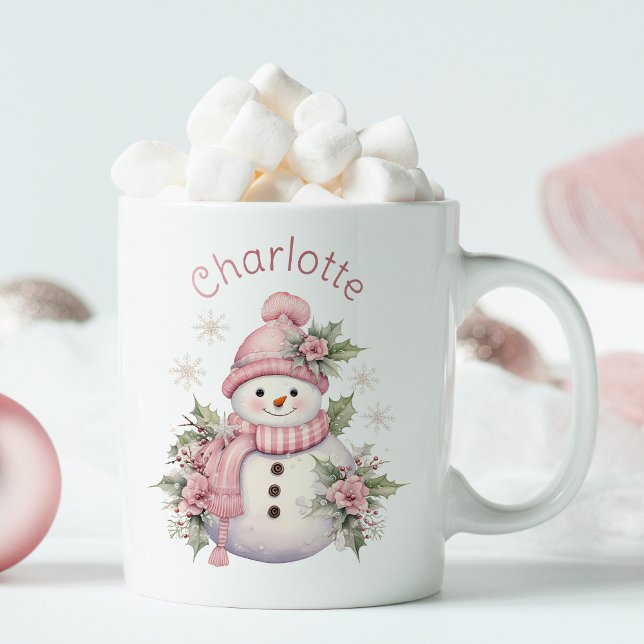 Caneca De Café Em Dois Tons Pink Winter Snowman no Natal (Criador carregado)