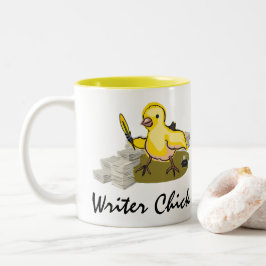 Caneca De Café Em Dois Tons Pintinho do escritor com papel, Quill da pena e