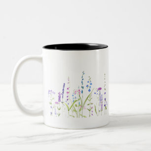 Caneca De Café Em Dois Tons pintura a cores aquáticas de flores azuis roxas