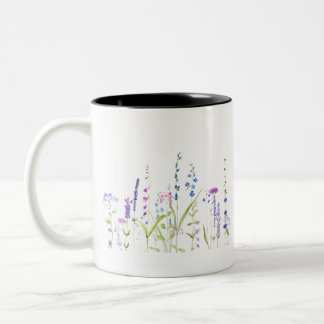Caneca De Café Em Dois Tons pintura a cores aquáticas de flores azuis roxas