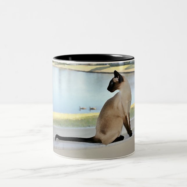 Caneca De Café Em Dois Tons Pintura calma do gato Siamese (Centro)