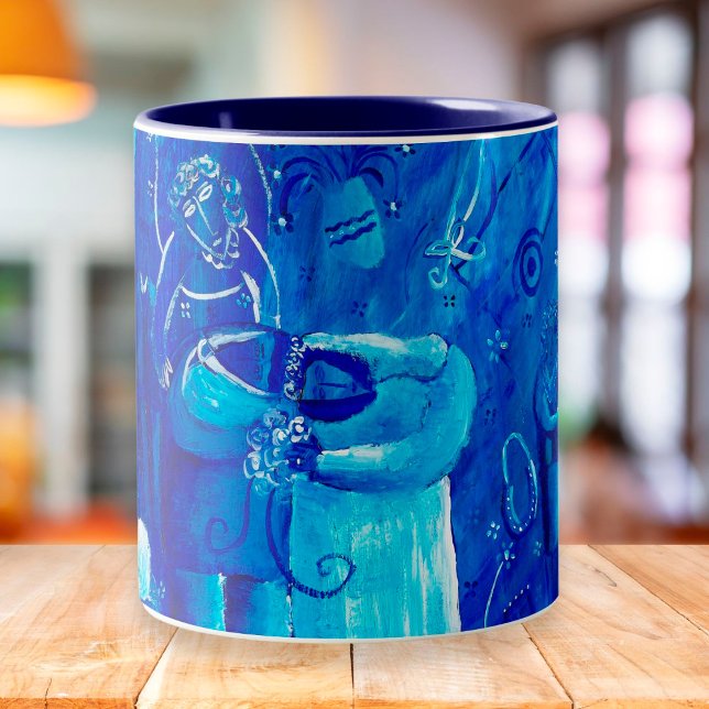 Caneca De Café Em Dois Tons Pintura Contemporânea de Casamento Azul (Criador carregado)