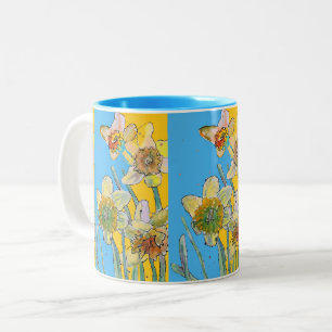Caneca De Café Em Dois Tons Pintura de Narciso Amarelo Pintado à Mão floral D