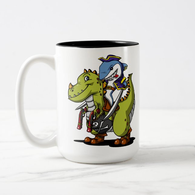 Caneca De Café Em Dois Tons Pirata do tubarão que monta o dinossauro engraçado (Esquerda)