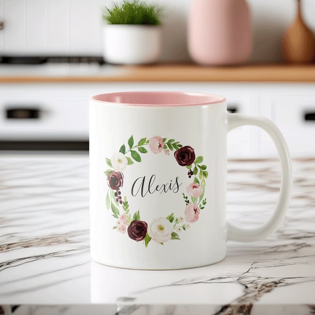 Caneca De Café Em Dois Tons Piso Floral de Blush Personalizado (Criador carregado)