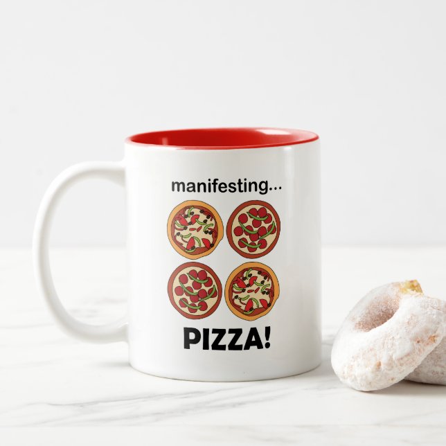 Caneca De Café Em Dois Tons Pizza de Pepperoni Manifestando  (Com Donut)