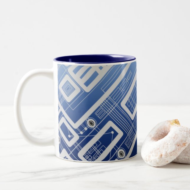 Caneca De Café Em Dois Tons Placa de Circuito Geométrico Azul Escuro (Com Donut)