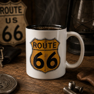 Caneca De Café Em Dois Tons Placa de Estrada da Rota 66 Vintage