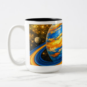 Caneca De Café Em Dois Tons Planeta Laranja e Azul com Anéis