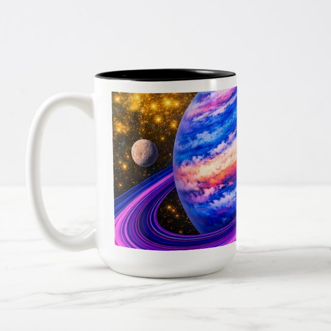 Caneca De Café Em Dois Tons Planeta Rosa e Azul com Anéis (Esquerda)
