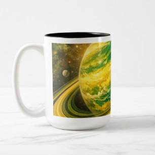 Caneca De Café Em Dois Tons Planeta Verde e Amarelo com Anéis