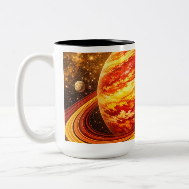 Caneca De Café Em Dois Tons Planeta Vermelho e Amarelo com Anéis (Esquerda)