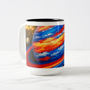 Caneca De Café Em Dois Tons Planeta Vermelho e Azul com Anéis