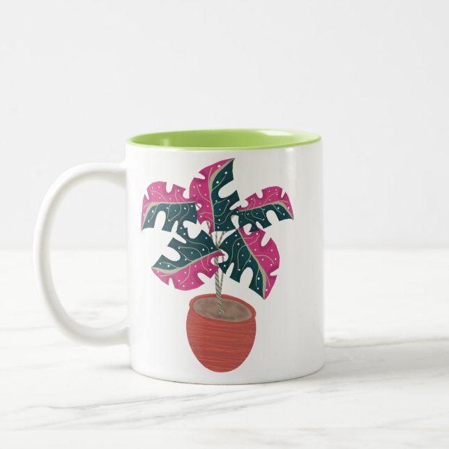 Caneca De Café Em Dois Tons Planta Monstera Rosa Verde (Esquerda)