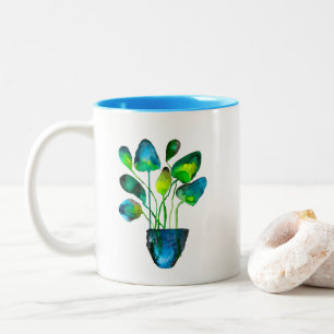 Caneca De Café Em Dois Tons Plantas aquáticas de arte verde e abstrato azul