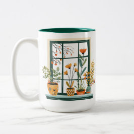 Caneca De Café Em Dois Tons Plantas Potentes na Janela