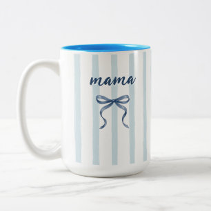 Caneca De Café Em Dois Tons Poeira Azul Chic Listras e Laço de Aquarela Mamãe