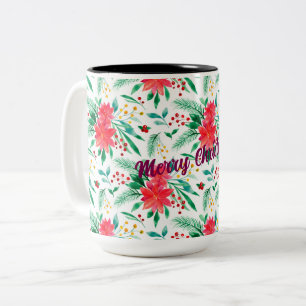 Caneca De Café Em Dois Tons Poinsettia De Aquarela Patterada