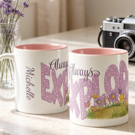 Caneca De Café Em Dois Tons Pontos Polka Roxos Com Jardim de Aquarela