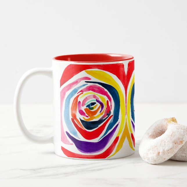 Caneca De Café Em Dois Tons pop rosa de aquarela abstrato (Com Donut)