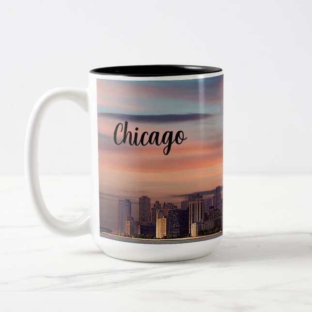 Caneca De Café Em Dois Tons Pôr do Sol Profundo Chicago (Esquerda)