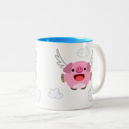 Caneca De Café Em Dois Tons Porco de Cartoon de Voo Bonito