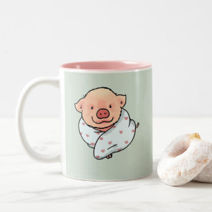 Caneca De Café Em Dois Tons Porco de desenho animado fofo e aconchegante envol
