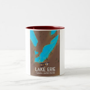 Caneca De Café Em Dois Tons Poster de viagens do mapa do Lago Erie, lago dos