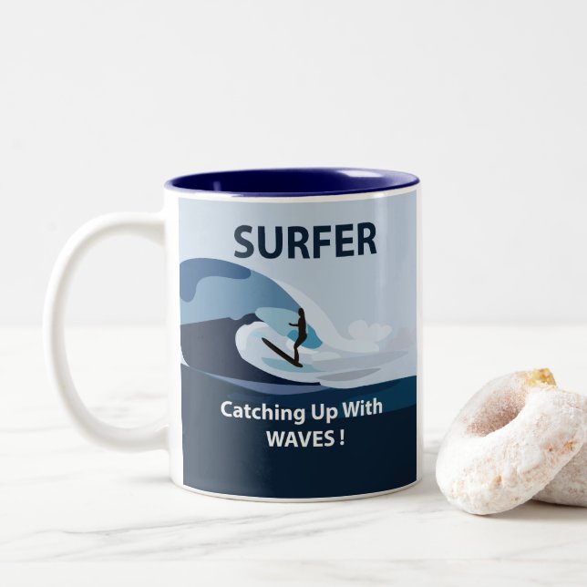 Caneca De Café Em Dois Tons Praia de Surf Surfando  (Com Donut)