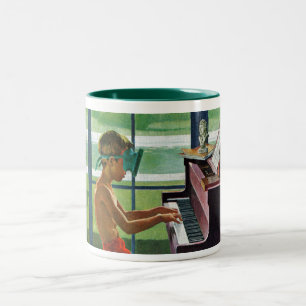 Caneca De Café Em Dois Tons Prática do piano da piscina