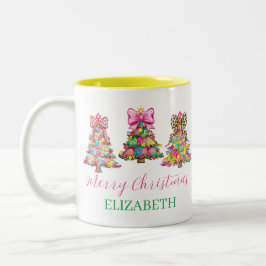 Caneca De Café Em Dois Tons Preppy Pink and Green Christmas Trees