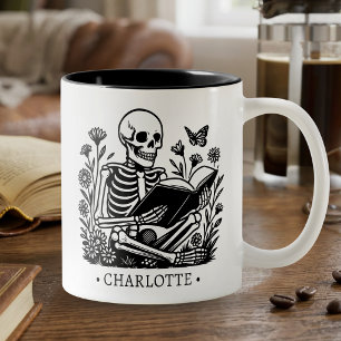 Caneca De Café Em Dois Tons Presente de Esqueleto de Leitura para Amante de Li