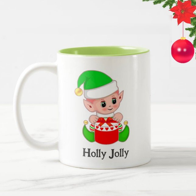Caneca De Café Em Dois Tons Presente de Natal de Elfo Verde Fofo (Criador carregado)