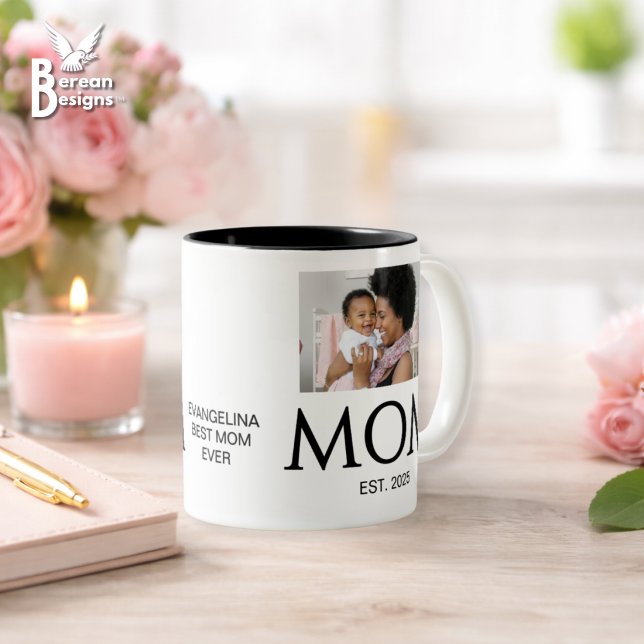 Caneca De Café Em Dois Tons Presente para Nova Mãe Texto Personalizado Foto Mã (MOM ESTABLISHED Photo Mug with customizable photos, year & custom note Ideal gift for Mother's Day. )