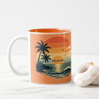 Caneca De Café Em Dois Tons Presente Tropical da Praia Laranja do Pôr do Sol V
