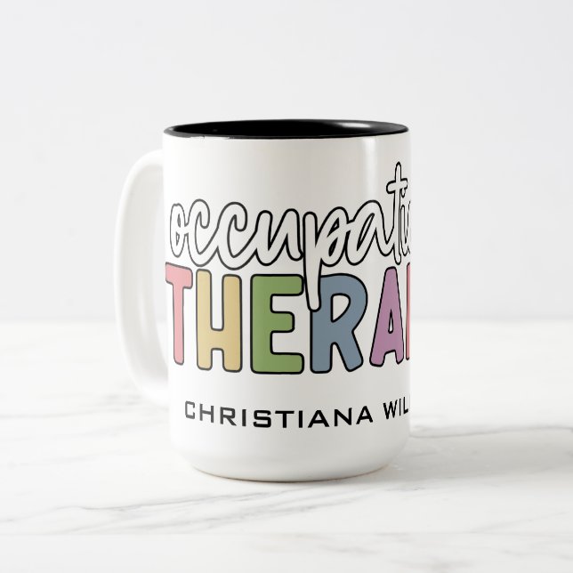 Caneca De Café Em Dois Tons Presentes de OT Terapêutica Ocupacional de Nome Pe (Frente Esquerda)