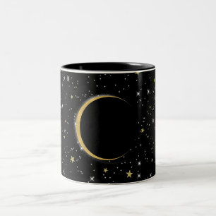 Caneca De Café Em Dois Tons Preto & Dourado Lua Mágica Celestial Estrelas Luna