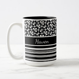 Caneca De Café Em Dois Tons Preto e Branco - Listras e quadrados Retro Persona