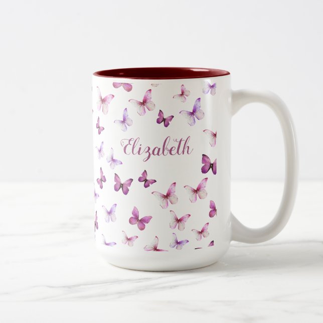 Caneca De Café Em Dois Tons Pretty Pink Butterflies Custom Name (Direita)