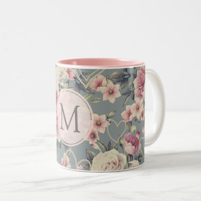 Caneca De Café Em Dois Tons Pretty Pink Roses and Pearl Hearts Monogram (Frente Esquerda)