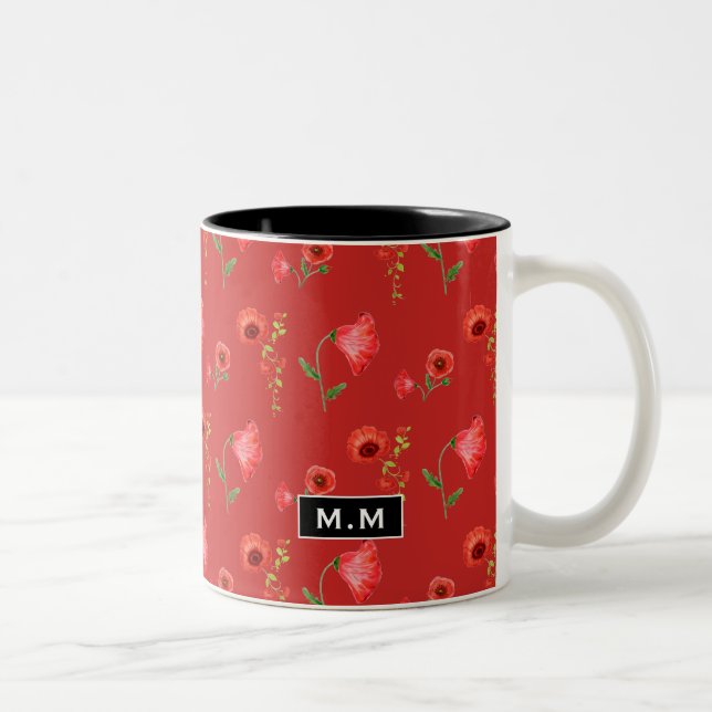 Caneca De Café Em Dois Tons Pretty Red Poppies Pattern Monogram (Direita)