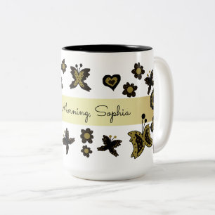 Caneca De Café Em Dois Tons Primavera Boho Boêmia Floral Borboleta Dourada Orn