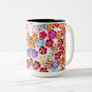 Caneca De Café Em Dois Tons Primavera tecido com costura manual Flores multico