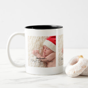 Caneca De Café Em Dois Tons Primeiro Natal do Bebê Foto Simples Moderna