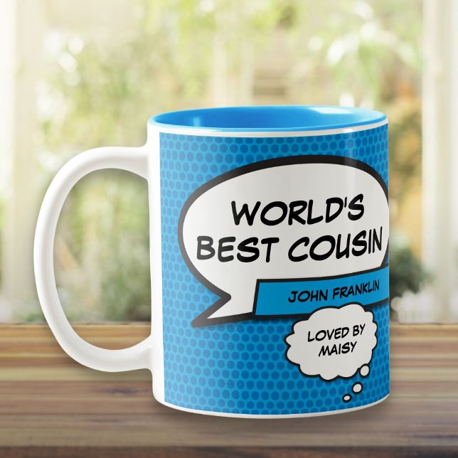 Caneca De Café Em Dois Tons Primo Favorito Quadrinho Azul Divertido (Favourite Cousin Fun Comic Book Blue Two-Tone Coffee Mug)