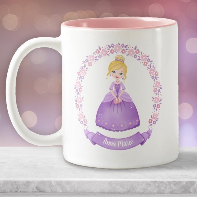 Caneca De Café Em Dois Tons Princesa rosa rosa-rosa-branca personalizada (A cute purple princess mug. Personalize it with your girls name.)