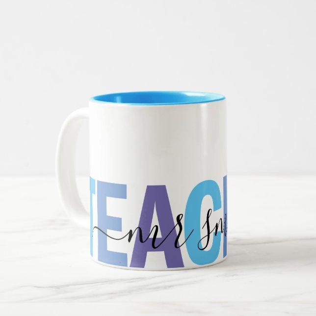 Caneca De Café Em Dois Tons Professora Roteiro Nome Escola Azul e Roxo (Frente Esquerda)